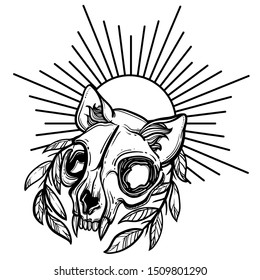 Cat skull. A wreath of leaves. Vector illustration in tattoo style.Gothic brutal skull. For print t-shirts or book coloring.
