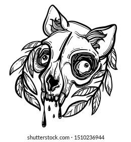 Cat skull. A wreath of leaves. Vector illustration in tattoo style.Gothic brutal skull. For print t-shirts or book coloring.