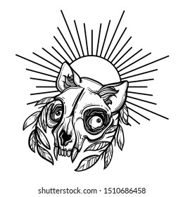 Cat skull. A wreath of leaves. Vector illustration in tattoo style.Gothic brutal skull. For print t-shirts or book coloring.
