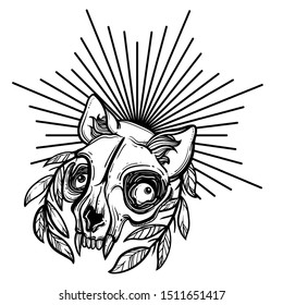 Cat skull. A wreath of leaves. Vector illustration in tattoo style.Gothic brutal skull. For print t-shirts or book coloring.