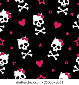 Cat skulls seamless vector pattern. Cute gothic black and pink wallpaper. 