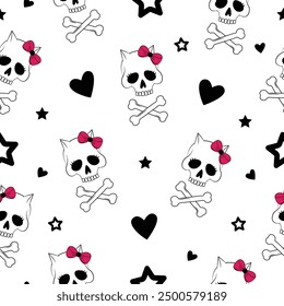 Cat skulls seamless vector pattern. Cute gothic black and white wallpaper. 