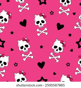 Cat skulls seamless vector pattern. Cute gothic white and pink wallpaper. 