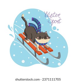 Cat and sled. Inscription, winter sports. Cheerful Cartoon Kitten rides with snow slide. Winter Mountain. Winter season. Snowy hill. Snowflakes Vector graphics. Flat illustration. Background isolated