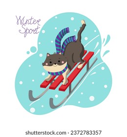 Cat and sled. Inscription, winter sports. Cheerful Cartoon Kitten rides with a snow slide. Winter Mountain.  Snowy hill. Snowflakes, snow. Vector graphics. Flat illustration. Background isolated.