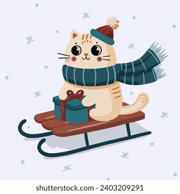 Cat and sled. Inscription, winter sports. Cheerful Cartoon Kitten rides with a snow slide. Winter Mountain. Snowy hill. Snowflakes, snow. Vector graphics. Flat illustration. Background isolated.