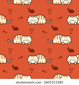 Cat sleep cartoon so cute. On moon cloud fishbone orange background. Pattern seamless vector illustration. 