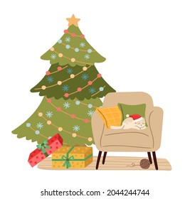 Cat sleep in chair. Christmas kitty in santa hat, xmas tree and gift boxes. Cozy scandinavian winter holiday vector scene