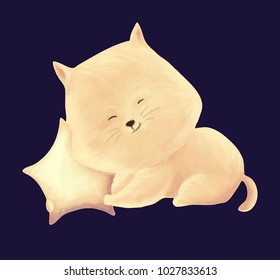 Cat sleep cute children print. Kitty hug star. Night sky card. Illustration for kids birthday party, baby shower or childish design.