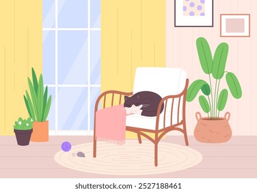 El gato duerme en la silla. Gatito lindo que duerme en la acogedora sala de estar en el sillón y la manta. Mascota juguetona cansada en casa, interior del departamento con plantas, escena de Vector picante