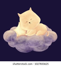 Cat sleep on cloud cute children print. Kitty hug star. Night sky card. Illustration for kids birthday party, baby shower or childish design.