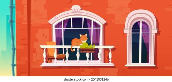 Cat sleep on home balcony railing. Sweet pet relax outside of house. Brick wall facade with window and ginger fluffy kitten lying on white banister. Funny domestic animal Cartoon vector illustration