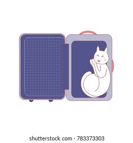 El gato duerme en maleta. Ilustración vectorial. aislado en fondo blanco.