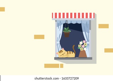 A Cat Sleep at the Window, vector, Illustration