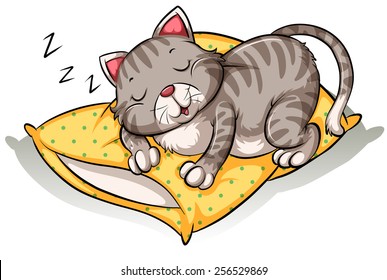 Cat sleeping above the yellow pillow on a white background