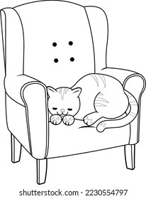 Cat sleeping in an armchair. Vector black and white coloring page.