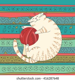 Cat is sleeping with a ball of yarn. Funny illustration. Vector card for design