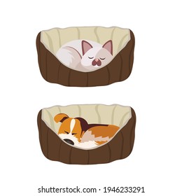Cat sleeping in a basket. Dog sleeping in a basket. Home pets. Vector illustration.