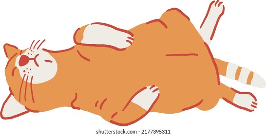 Cat sleeping belly up pose Ginger cat in Action Hand drawn color illustration