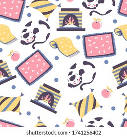 Cat sleeping by fireplace, blanket and apple seamless pattern. Furry kitten relaxing by warmth of flames. House with kitty and rug or carpet, domestic animal and pillow, vector in flat style