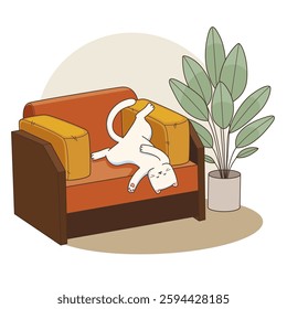 The cat is sleeping in a chair. Funny and cozy vector illustration.