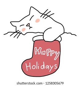 Cat sleeping with Christmas sock. Chubby cat sleeping and holding a Christmas stocking with Happy Holidays written on it.  Christmas stocking hung on cat paw. Holiday Greeting card for cat lover. 