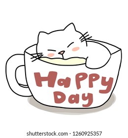 Cat sleeping in a coffee cup. Cute chubby cat napping peacefully in a coffee cup. Happy Day greeting card for cat lover with white kitten sleeping in a mug. Vector illustration with hand-drawn style.