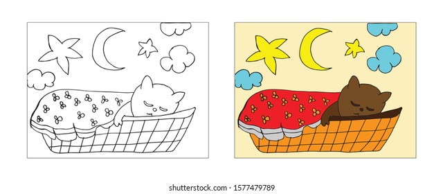 Cat sleeping coloring book design with monochrome and colored versions. Freehand sketch for adult anti stress coloring book page with doodle elements. Vector Illustrations for kids book.