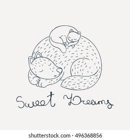The cat is sleeping comfortably on the dog. Furry friends. Sweet dreams. Coloring page. Vector illustration.