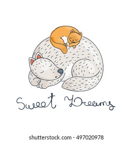 The cat is sleeping comfortably on the dog. Furry friends. Sweet dreams. Vector illustration.