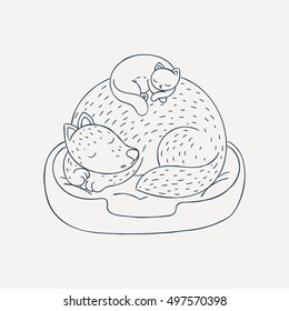 The cat is sleeping comfortably on the dog. Furry friends. Sweet dreams. Coloring page. Vector illustration.