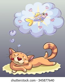 cat sleeping and dreaming about gold fish, vector illustration