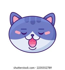 Cat sleeping expression cute funny emoji vector. Domestic fluffy animal kitty face with closed eyes and open mouth. Sleep, dreamy and tired smile emotion. Enjoyment time flat cartoon illustration