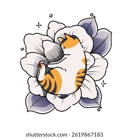 A cat sleeping in a flower like a bee