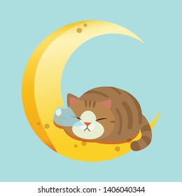 El personaje de un lindo gato durmiendo en la luna. El gato está durmiendo y no tiene globos de nariz. El gato durmiendo en la luna creciente. El personaje de un lindo gato al estilo de un vector plano