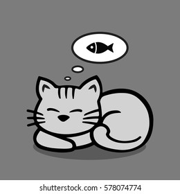 The cat is sleeping and he dreams of a fish.