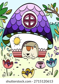 Gato durmiendo en una casa Vector dibujo de dibujos animados para niños