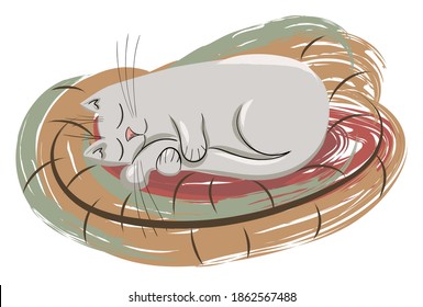 Cat sleeping and hugging his tail in his bed. Vector