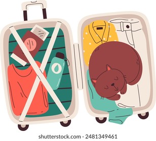 Cat Sleeping Inside Suitcase Vector Illustration