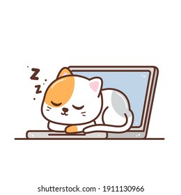 cat sleeping in laptop illustration
