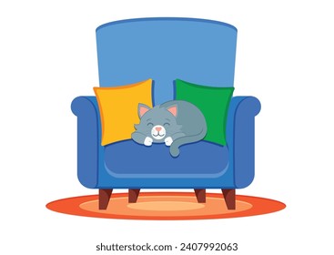 El gato durmiendo en un diseño plano vectorial de sillón. Pequeño gatito tomando una siesta en el sofá