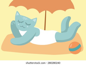 Cat sleeping on beach under umbrella with ball.
