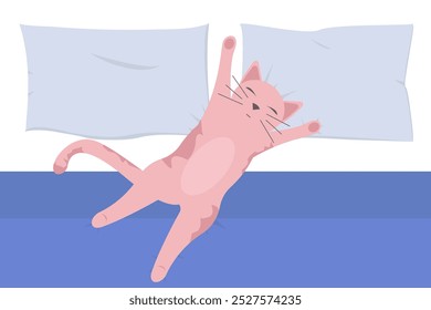 Cat sleeping on bed. Cute pink pet sleeps at home on pillows. Flat vector illustration.