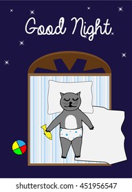 Cat sleeping on the bed in his underwear. Hand drawn illustration. Vector flat style isolated cartoon illustration. Good night card.