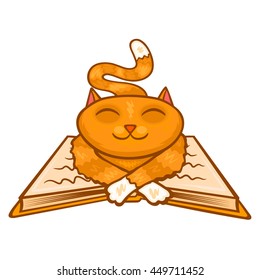 Cat sleeping on the book, kitten, pets scientistposter vector illusteraion