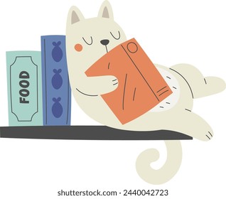 Cat Sleeping On Book Shelf Vector Illustration