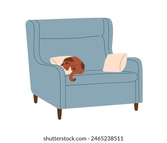 Cat sleeping on Chair with pillow. Small sofa or armchair. Pet kitty is resting. Comfy chair. Hand drawn vector illustration isolated on white background. Fashionable Furniture for Home or office