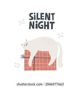 Cat sleeping on a christmas gift with silent night lettering. Hand drawn vector illustration, greeting card template.