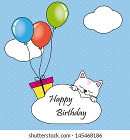 Cat sleeping on a cloud. Happy Birthday Card