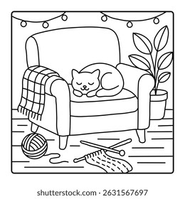 Cat Sleeping on Cozy Armchair – Line Art Illustration